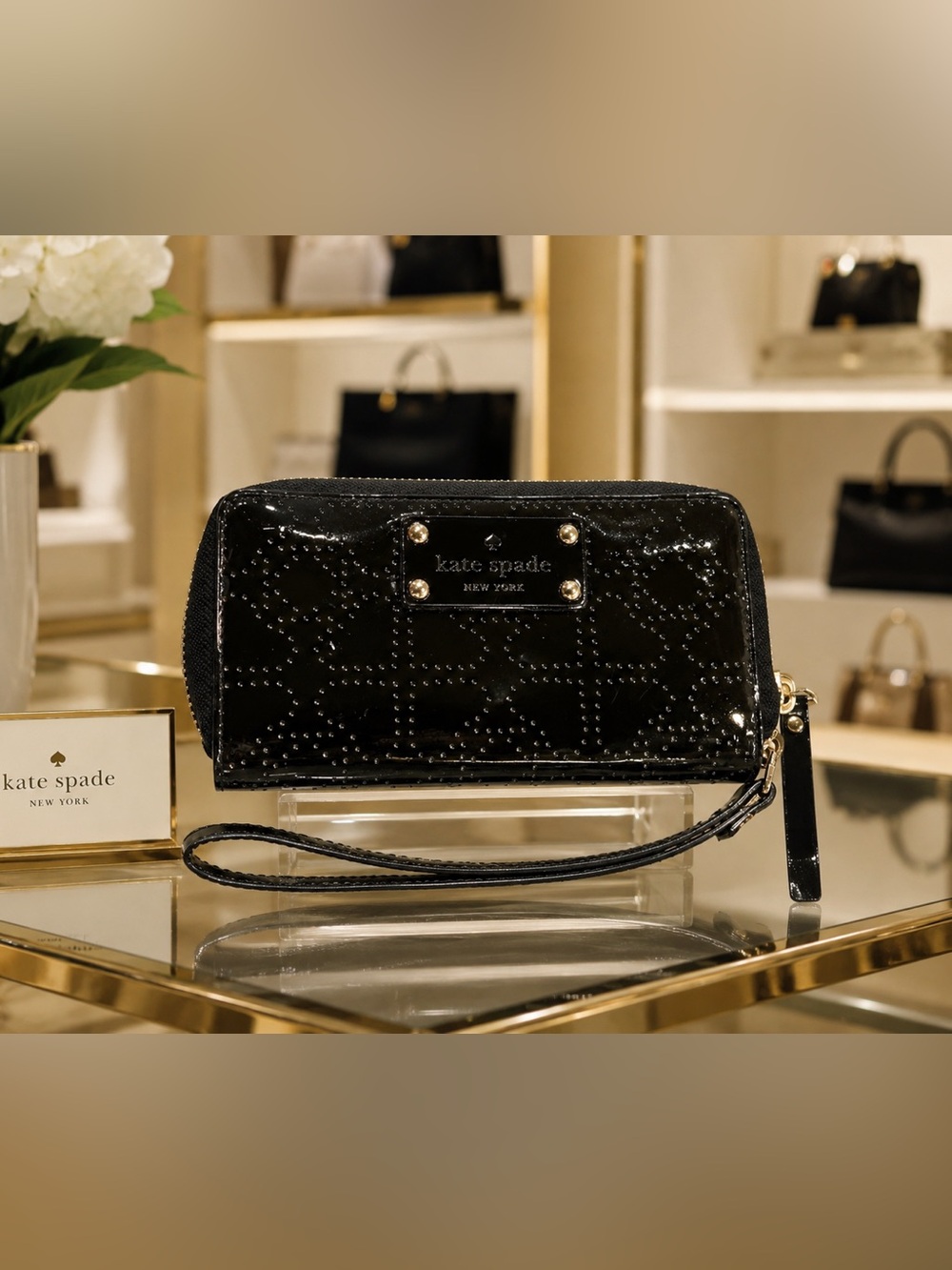 Kate Spade Jazzy Black Patent Studded Wristlet Wallet-Like Nee